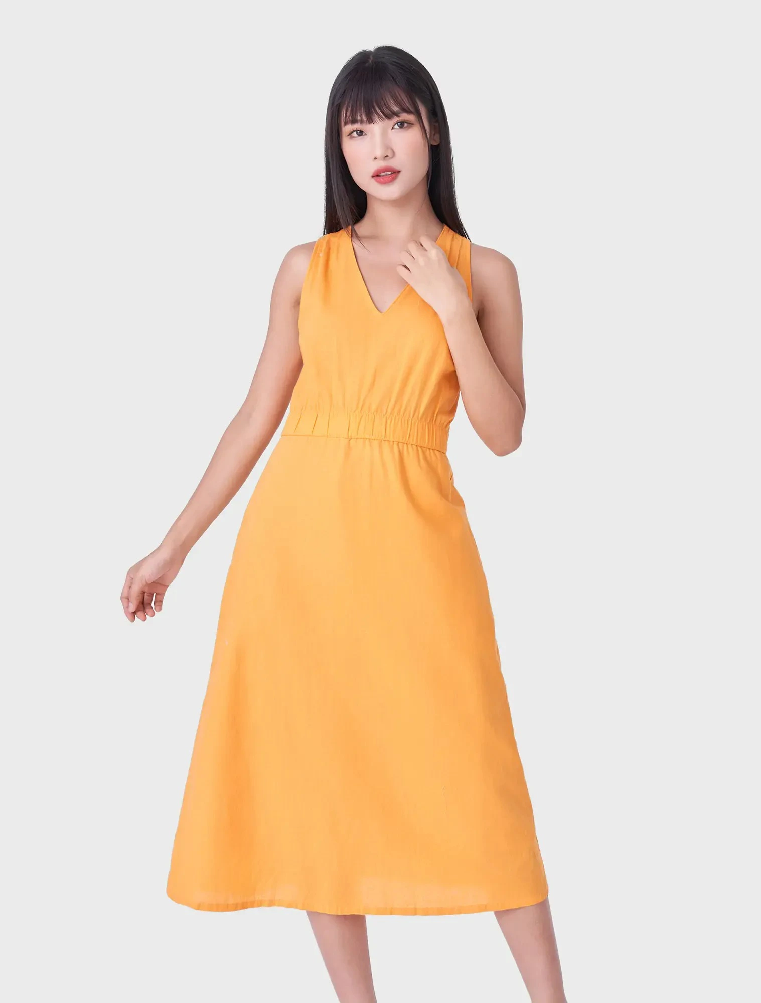 Váy liền nữ vải line cổ tim sát nách có chun eo - Ảnh 3